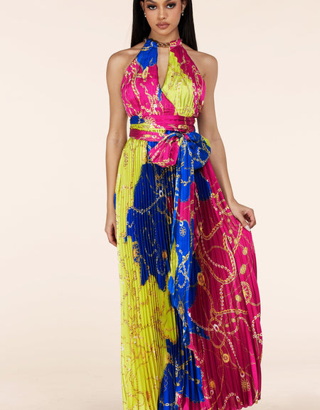 Multi Print Pleated Maxi Dress