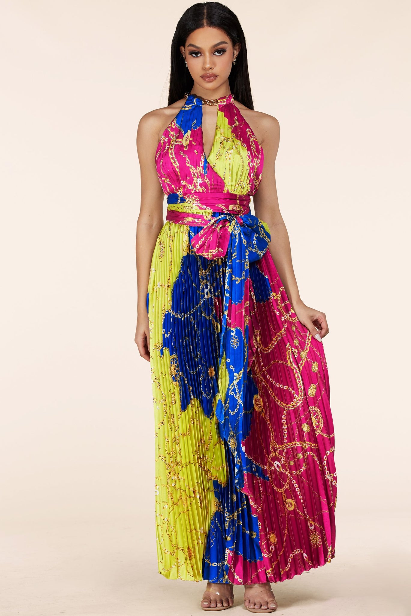 Multi Print Pleated Maxi Dress