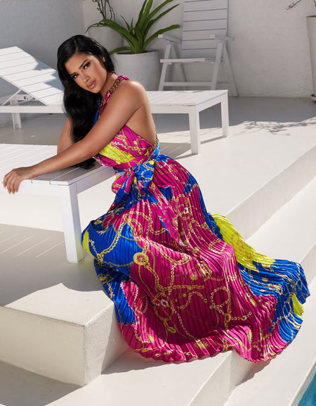 Multi Print Pleated Maxi Dress