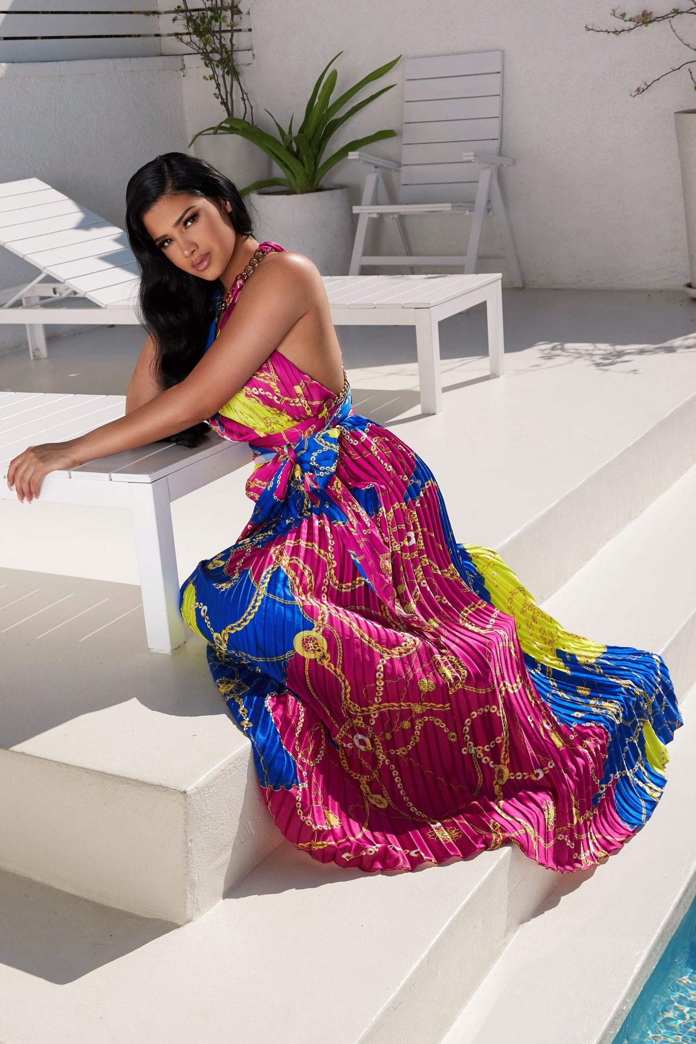 Multi Print Pleated Maxi Dress