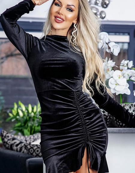 Black Velvet Side Ruched Dress
